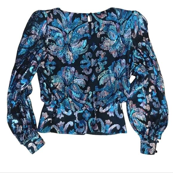 VTG 70s Black Blue Lurex Metallic Long Sleeve Panelled Hem Disco Blouse Medium - Picture 12 of 16